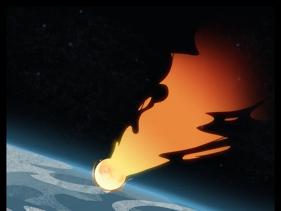 A blazing orange meteor crosses a dark, star-filled sky toward the icy curve of Earth.