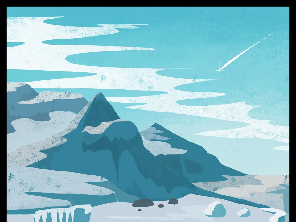 A bright streak descends over layered blue Antarctic mountains, ice, and snow.