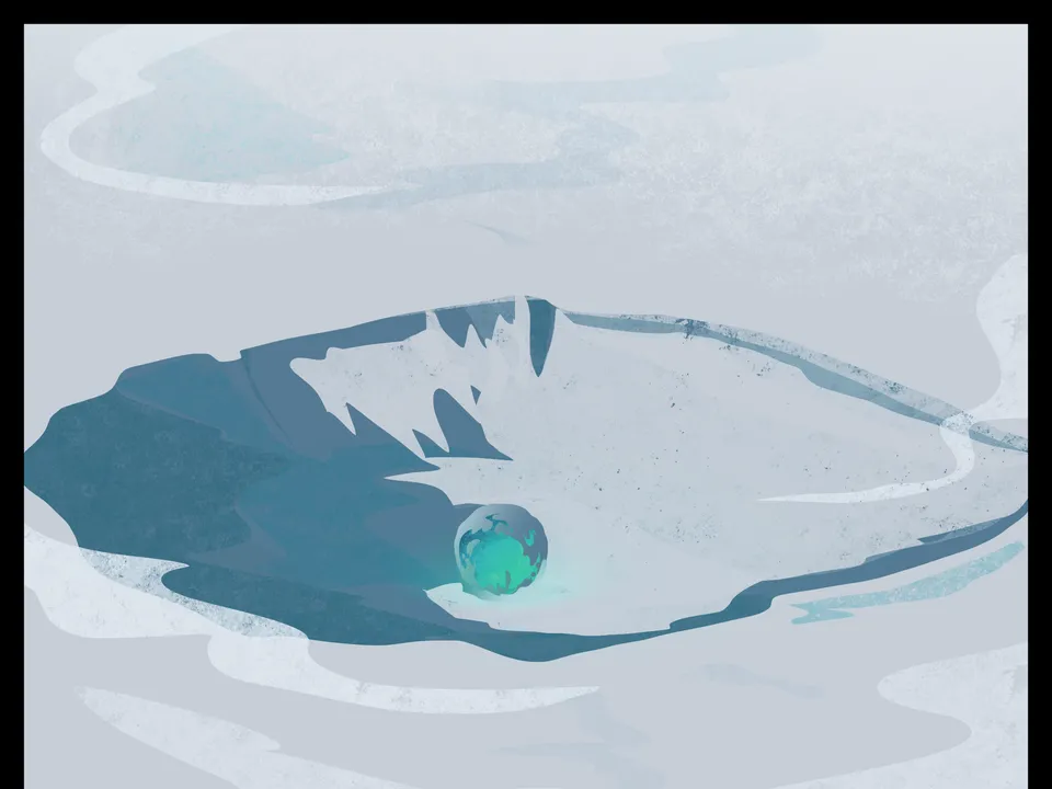 A small turquoise egg glows in a hollow surrounded by pale Antarctic snow and ice.