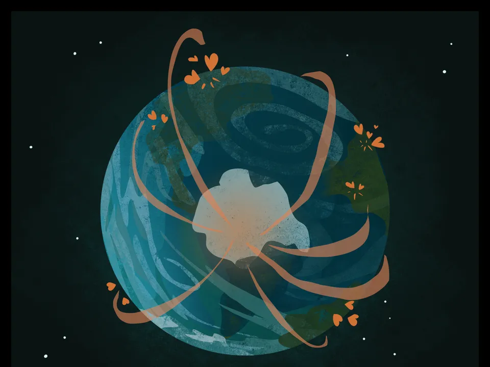 Warm orange ribbons and heart shapes orbit a blue-green globe around a glowing center.