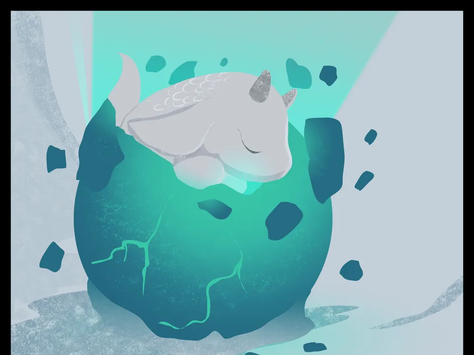 A pale sleeping dragon curls inside a cracked blue-green egg amid floating shell fragments.