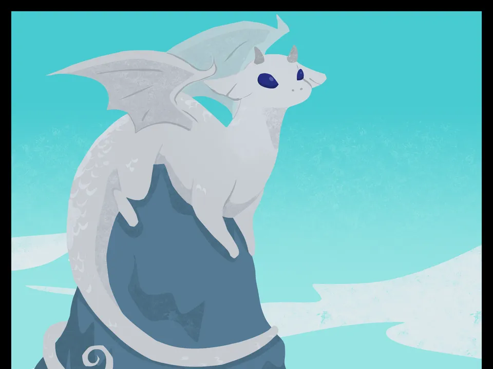 A pale winged dragon with blue eyes perches on an icy mountain beneath a bright cyan sky.