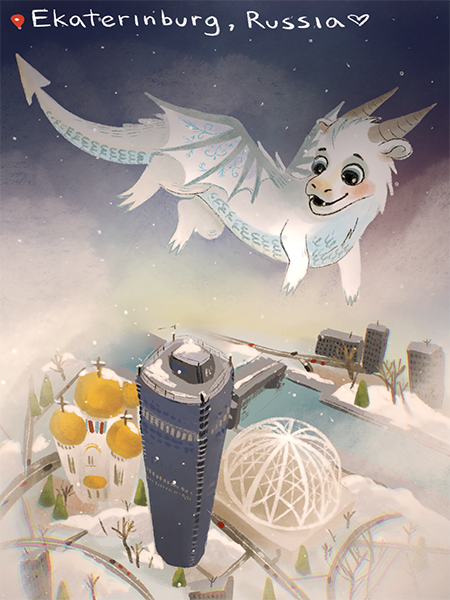 A smiling pale dragon flies over a futuristic city covered in snow.