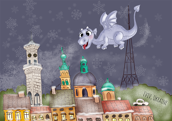 A smiling gray dragon flies above an illustrated skyline of varied city towers.