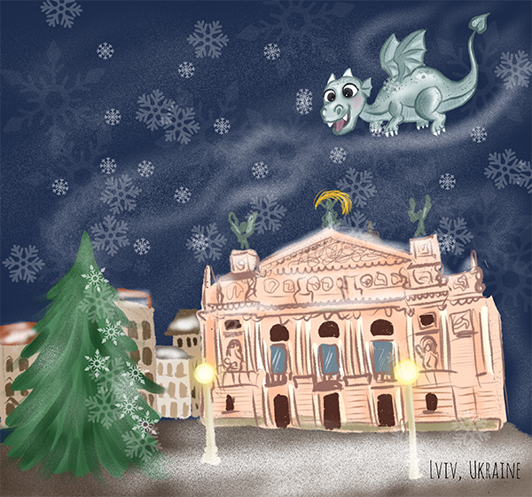 A gray dragon hovers over an ornate building, evergreen tree, and falling snowflakes.