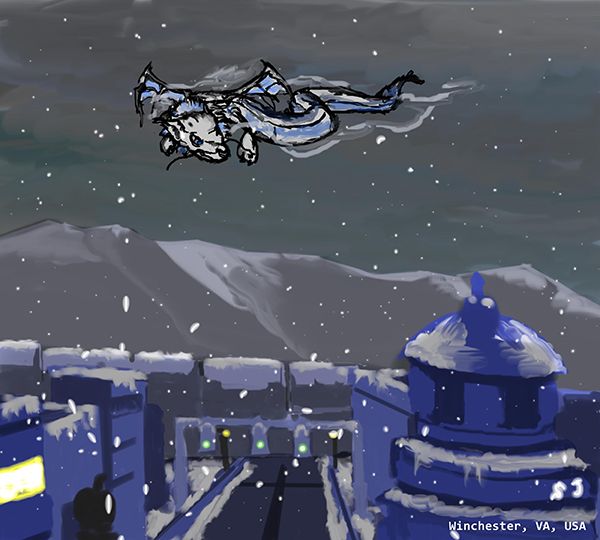 A gray bundled dragon flies through snowfall above a city station and mountain ridge.