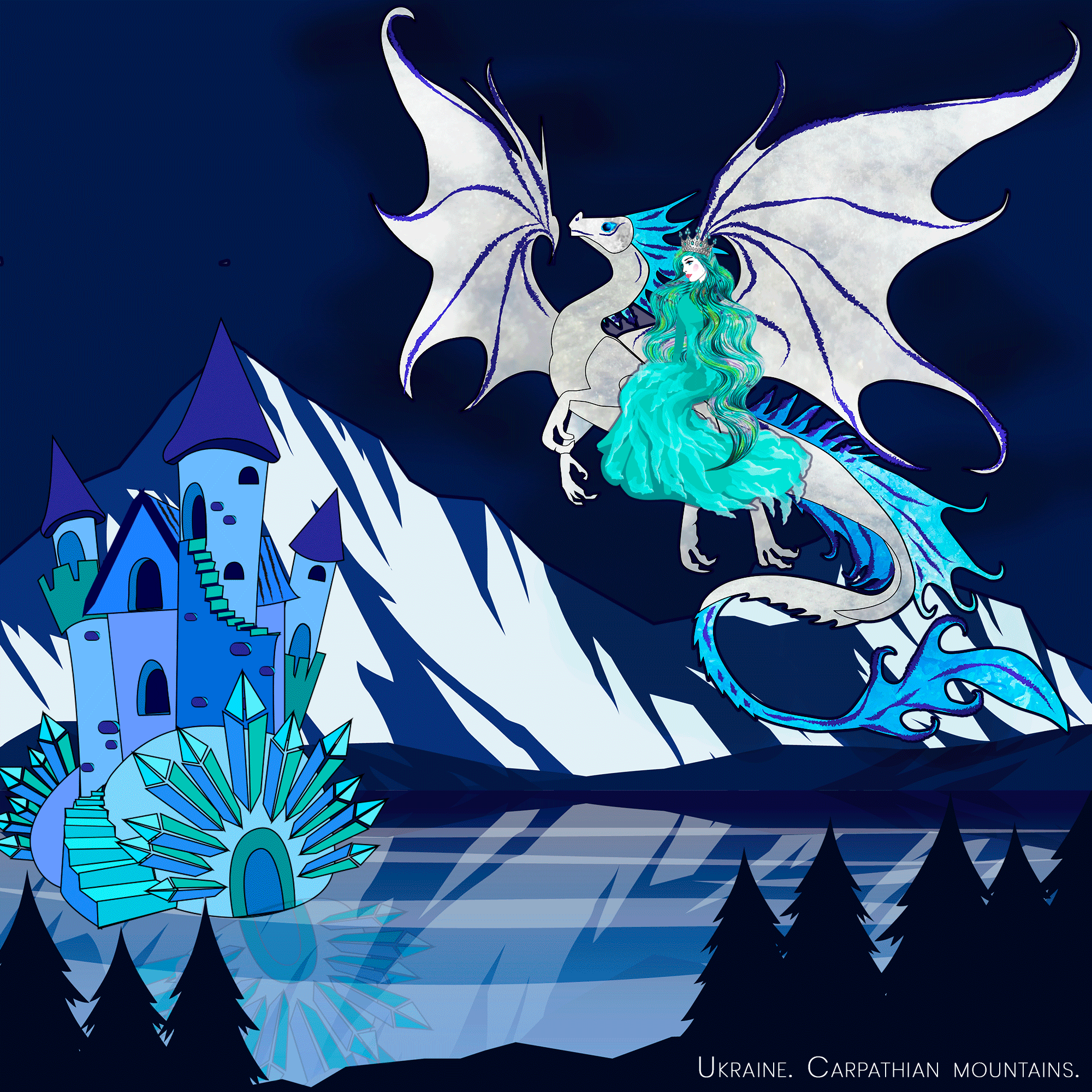 A rider sits on a turquoise-and-white dragon circling above icy mountains and blue domes at night.