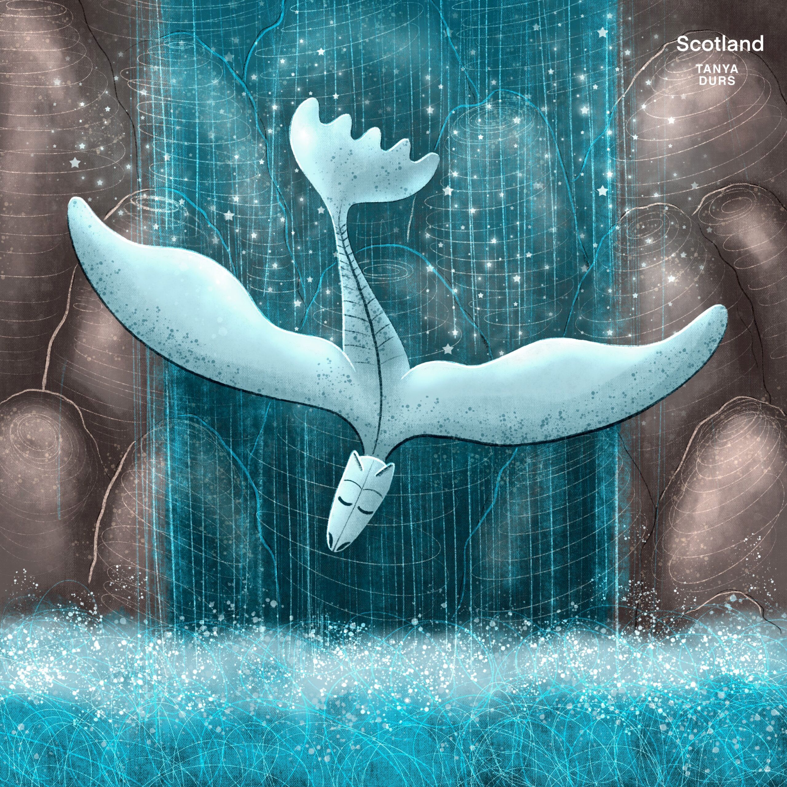 A luminous pale whale-like dragon descends through sparkling teal columns of light.