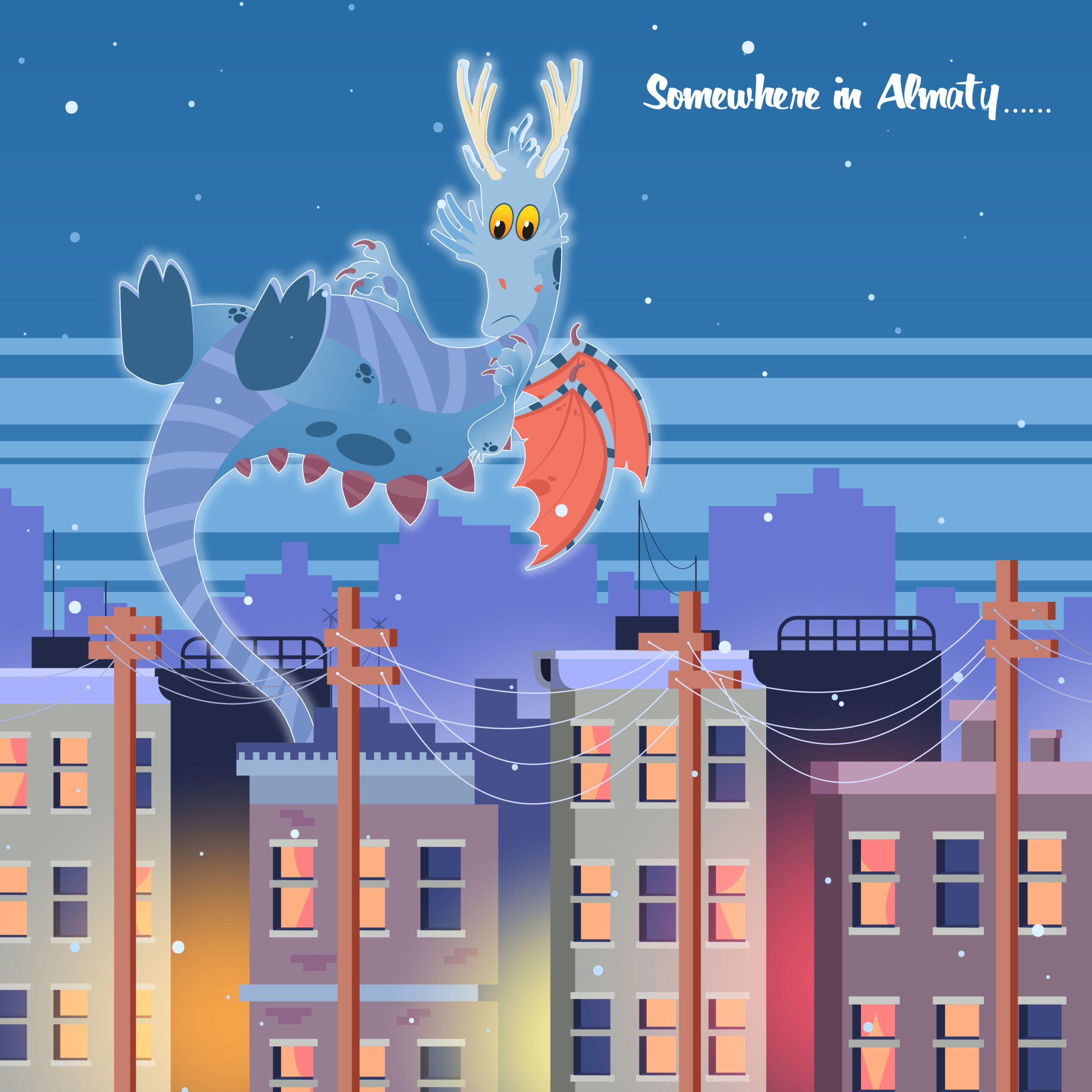 A translucent blue antlered dragon carries an orange gift over snowy city rooftops.