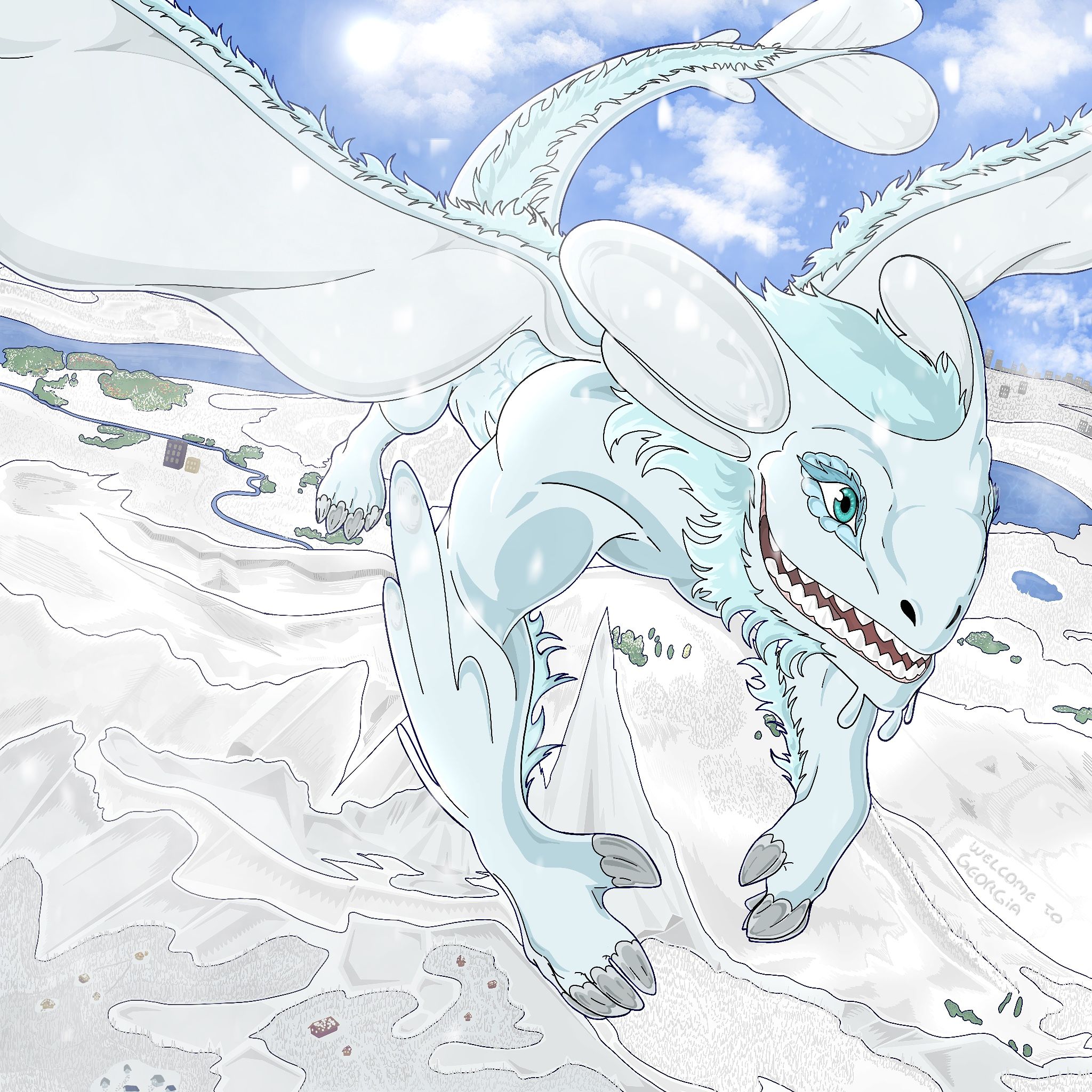 A white horned dragon with pale blue eyes charges across snowy ground.