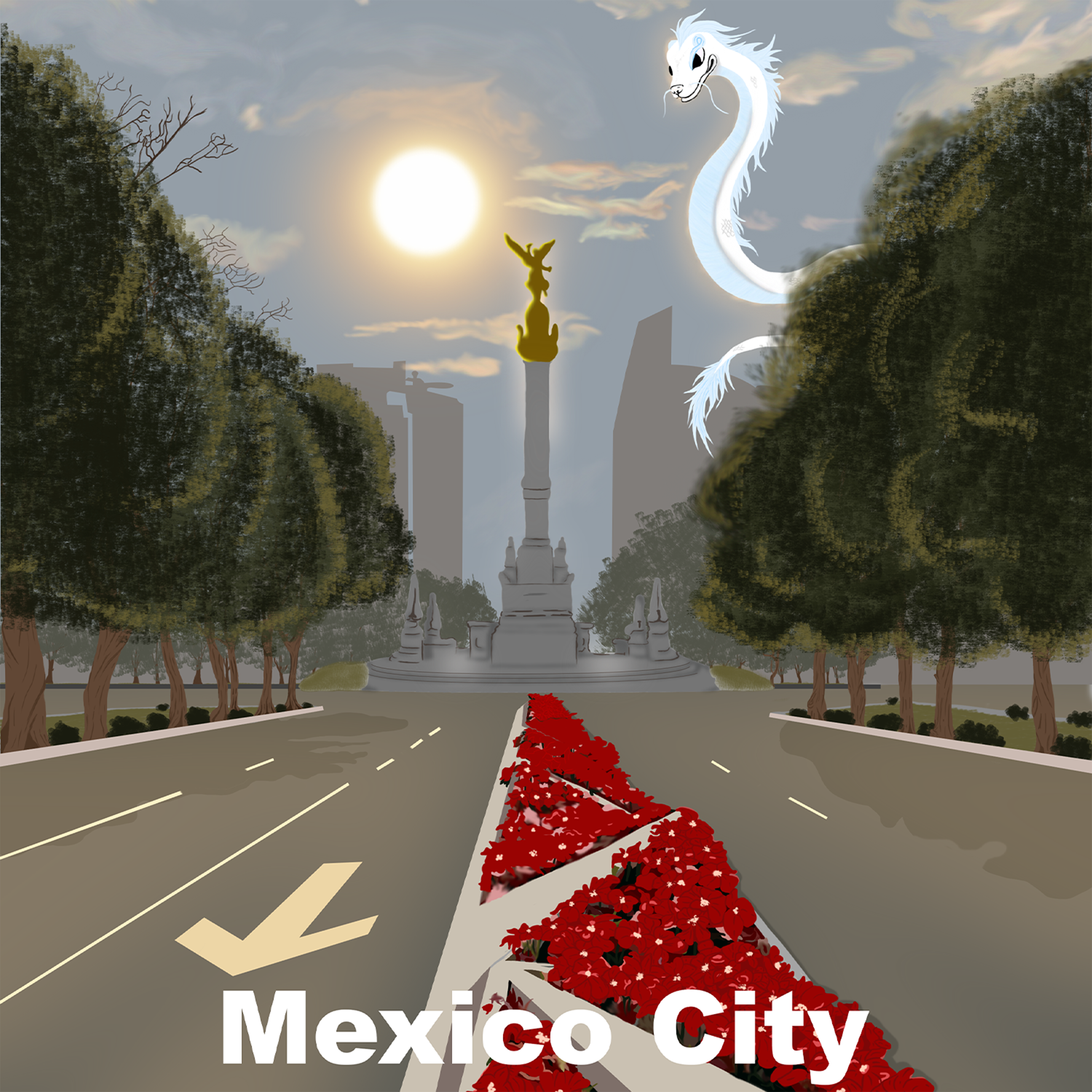 A slender white dragon circles above a sunlit boulevard and tall monument.