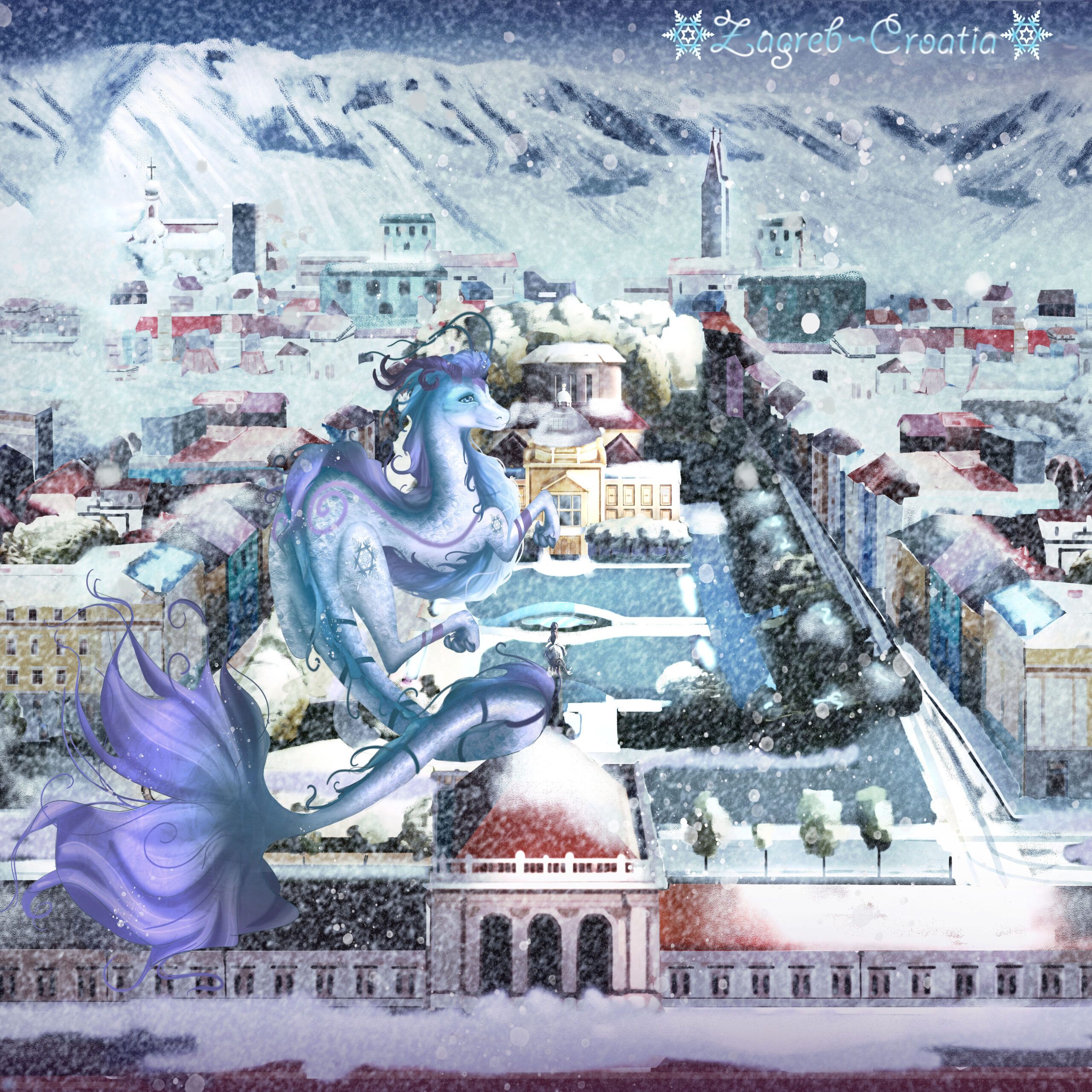 A purple serpentine dragon flies over a snow-covered city square during heavy snowfall.