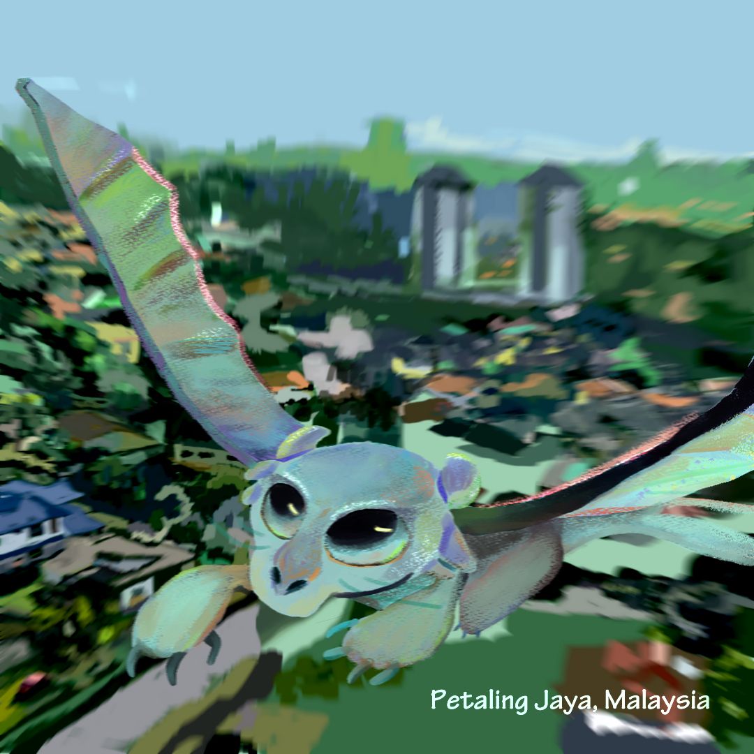 A wide-eyed pale teal dragon glides over a blurred green cityscape.