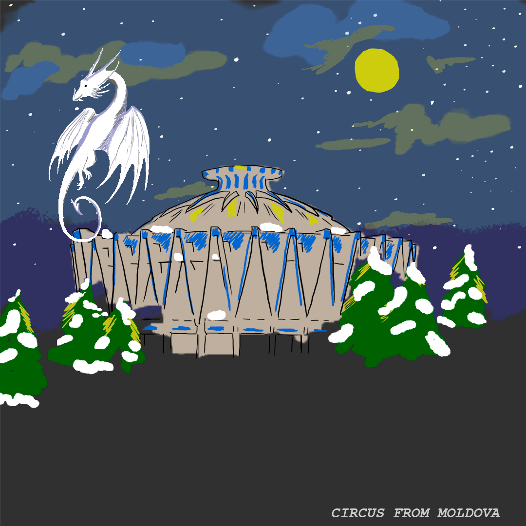 A white dragon hovers above an illuminated circus pavilion and snowy trees at night.