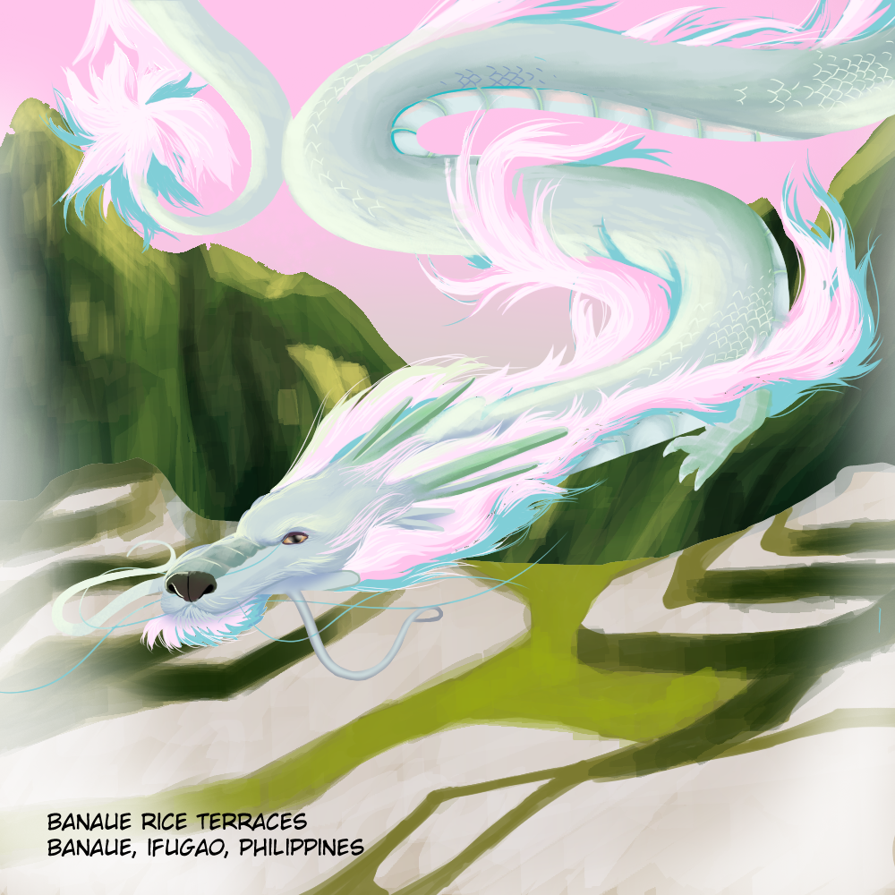 A long pastel dragon winds between vivid green terraced fields.