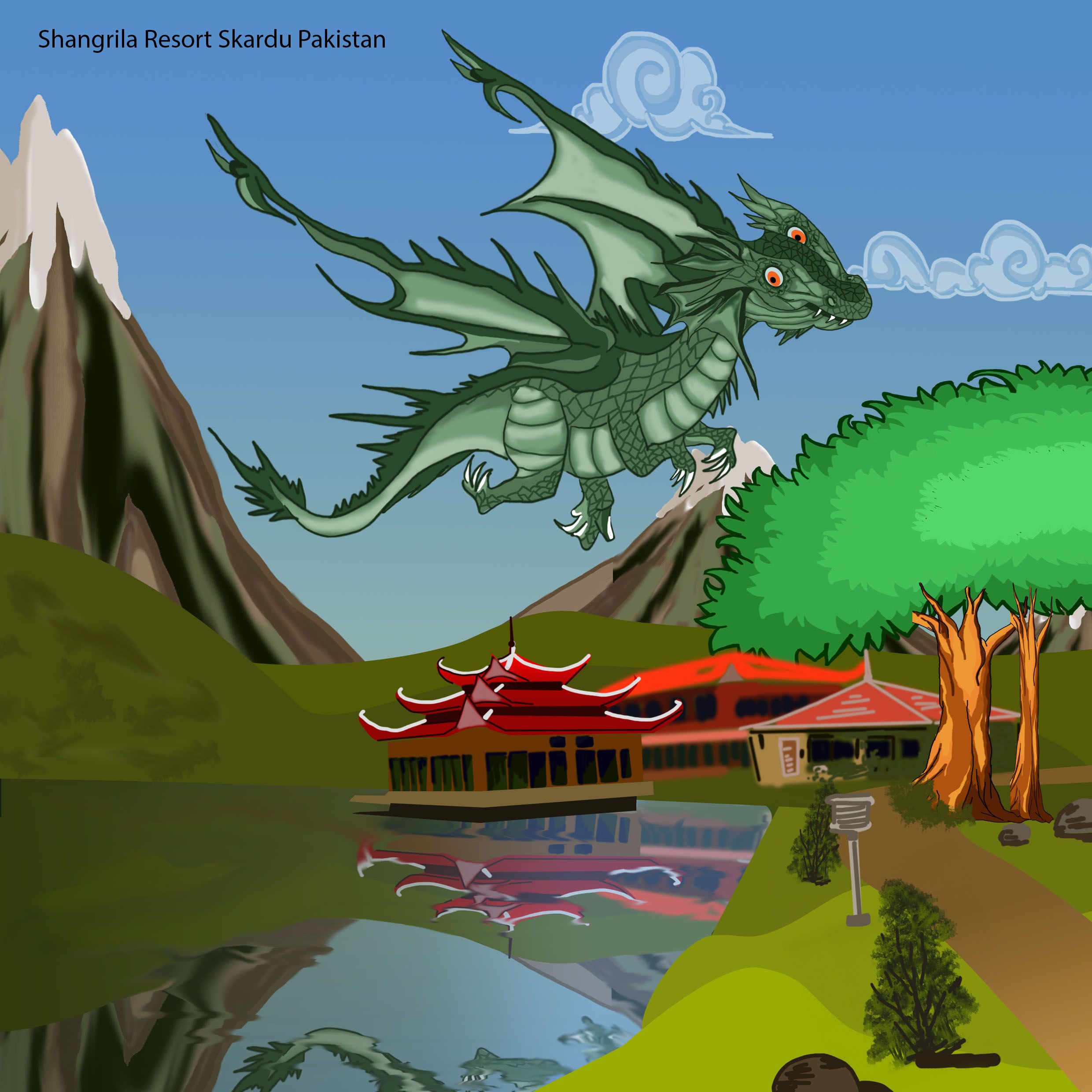 A green dragon flies above a red pavilion, lake, forest, and mountains.