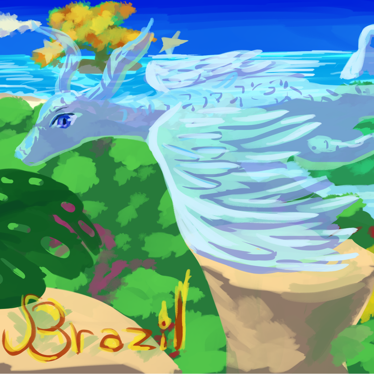 A translucent pale blue dragon arches above a bright green tropical valley.