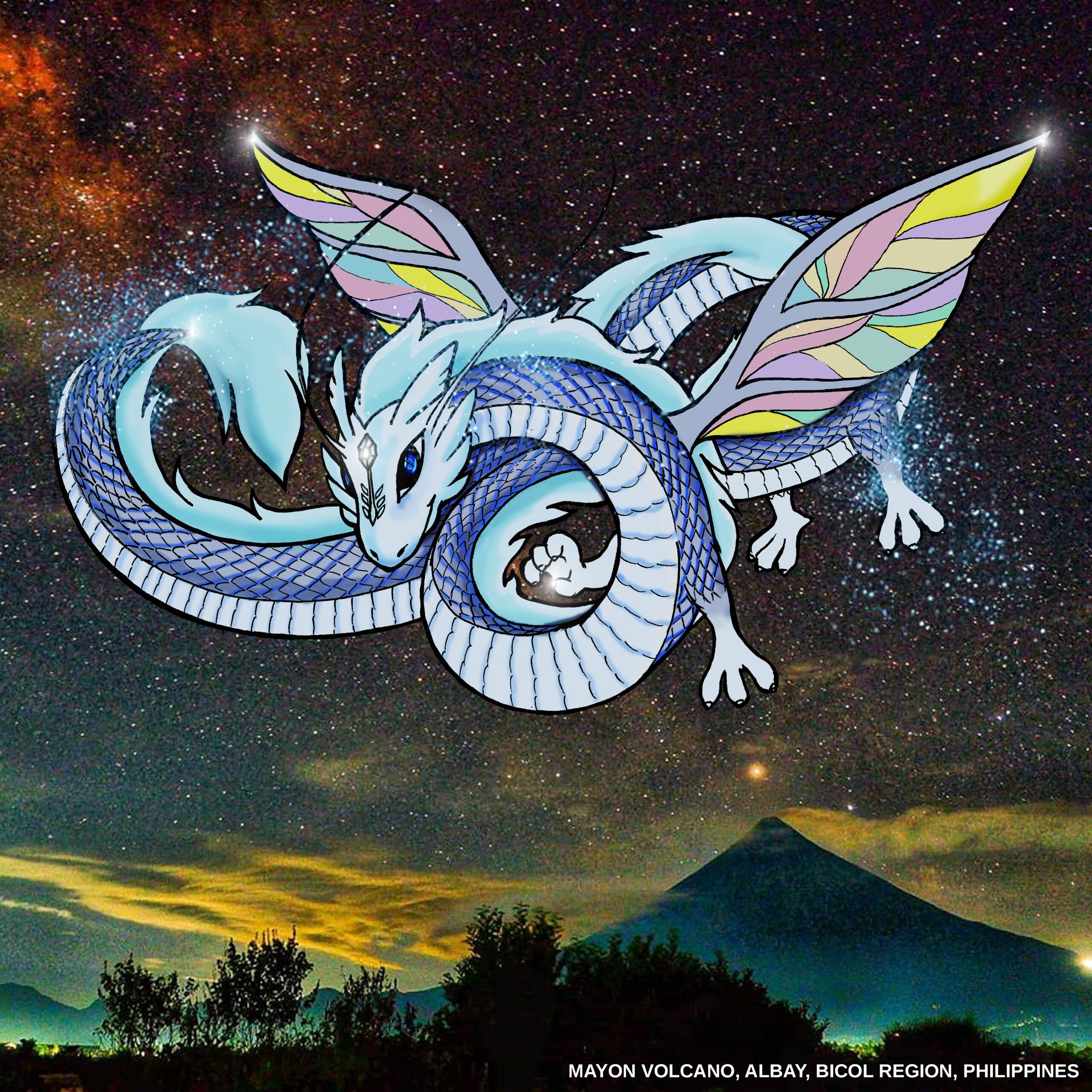 A coiled pale dragon with iridescent wings floats against a star-filled background.