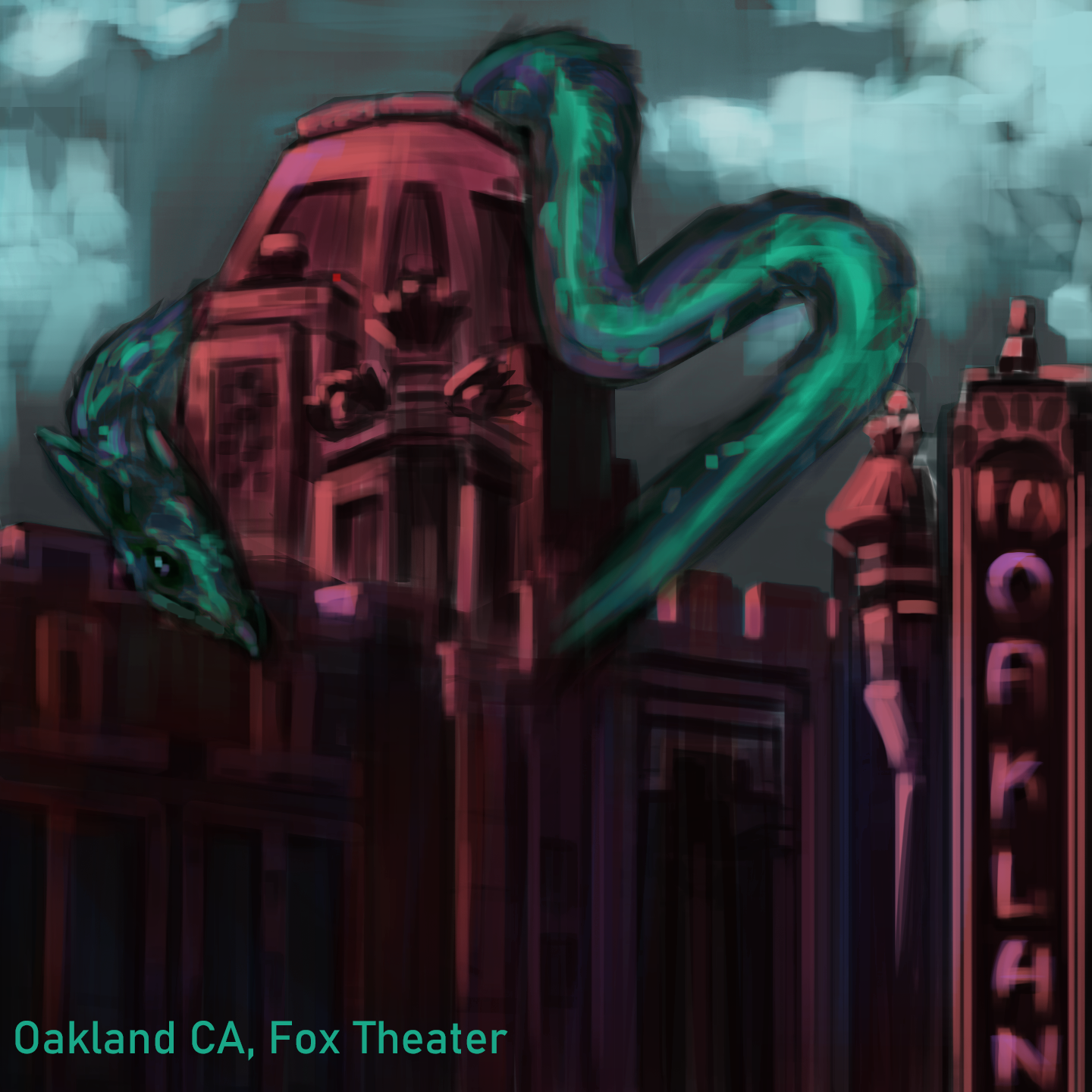 A long teal serpent winds around a red-lit historic theater at night.