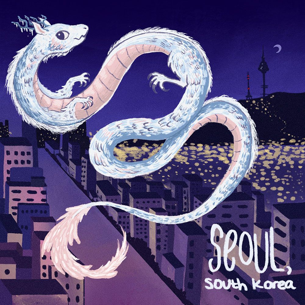 A long white serpentine dragon curls through a starry sky above a city glowing at night.