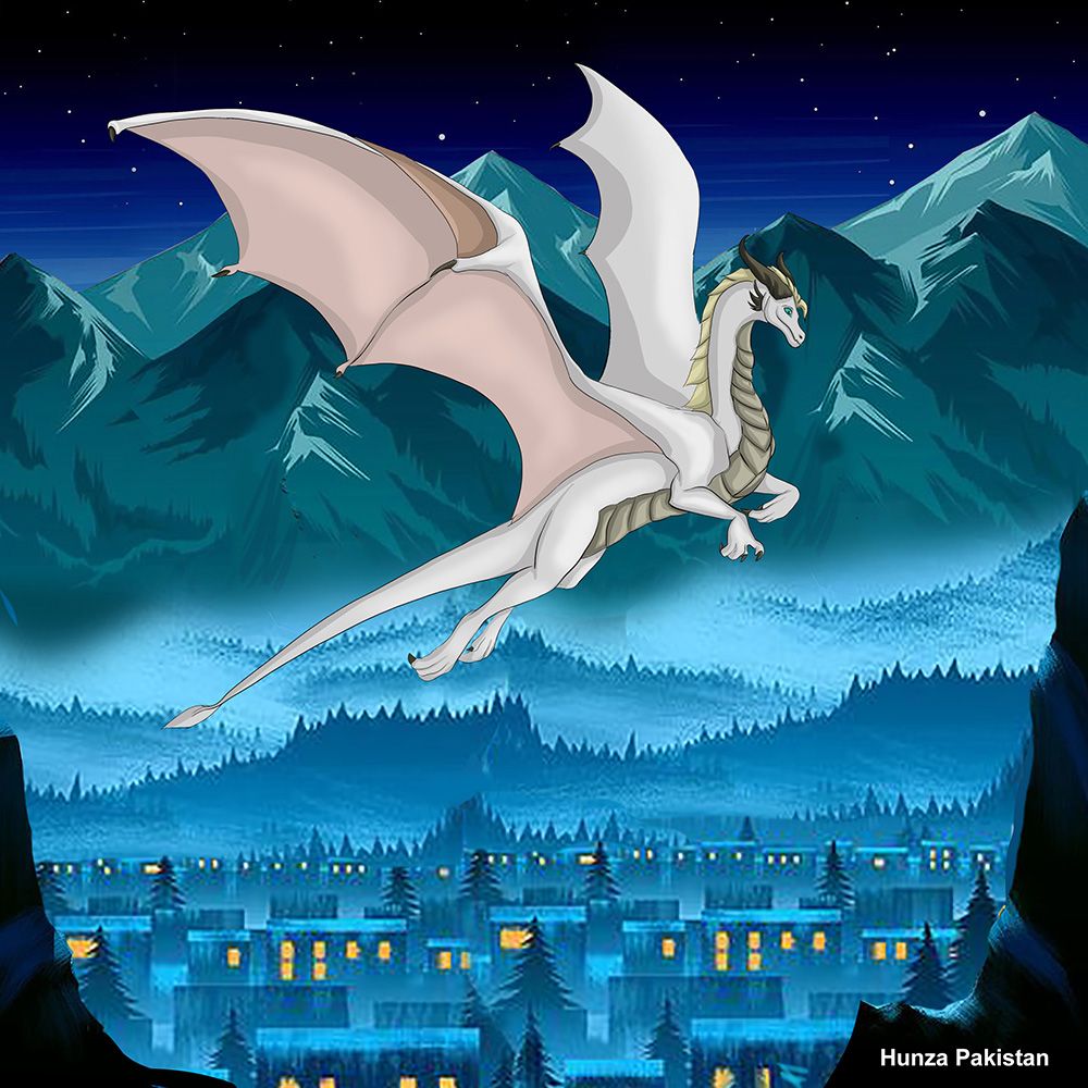 A white dragon with broad wings flies over a dark mountain village beneath a starry sky.