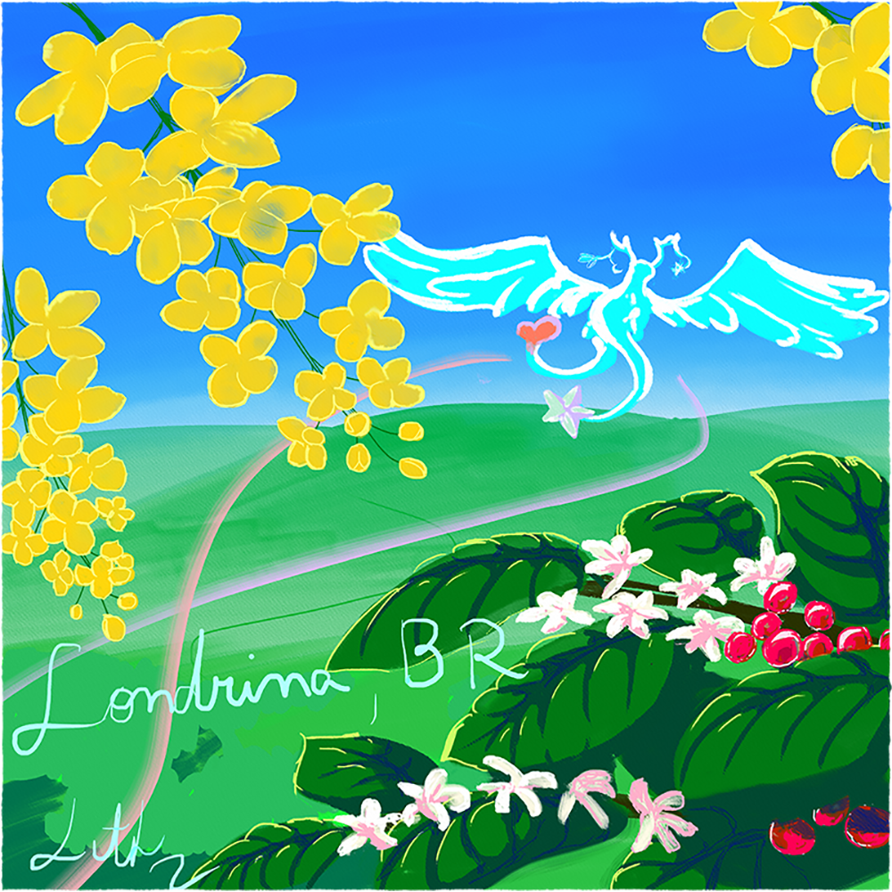 A cyan line-drawn dragon flies above green hills framed by yellow leaves and pink flowers.