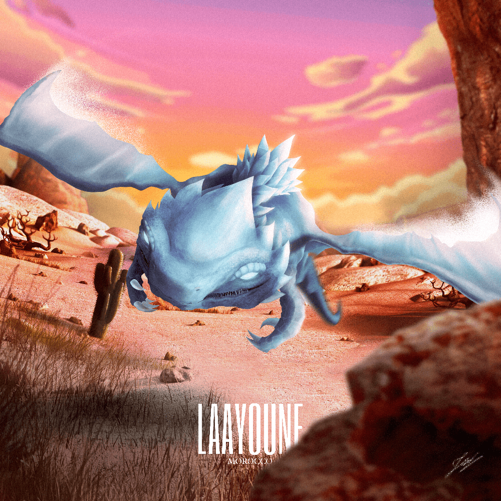 A pale blue dragon rests on a rocky desert landscape beneath a pink-orange sunset.