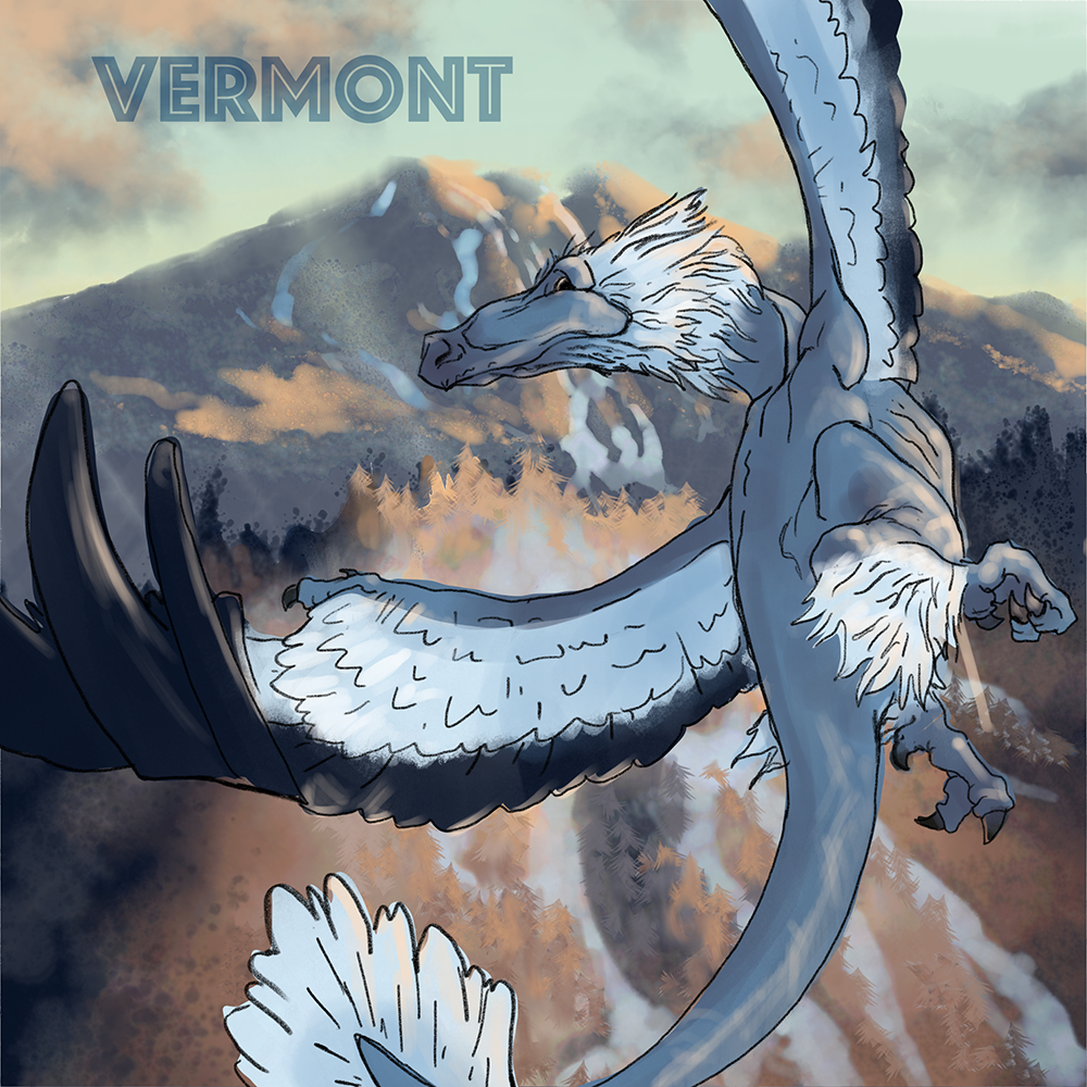 A long gray-and-white feathered dragon winds through clouds before a rugged mountain.