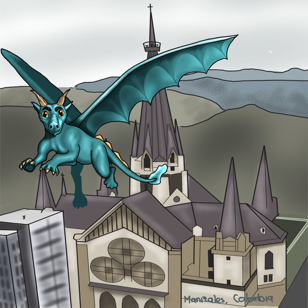 A teal dragon flies above the towers of a large church and surrounding hills.