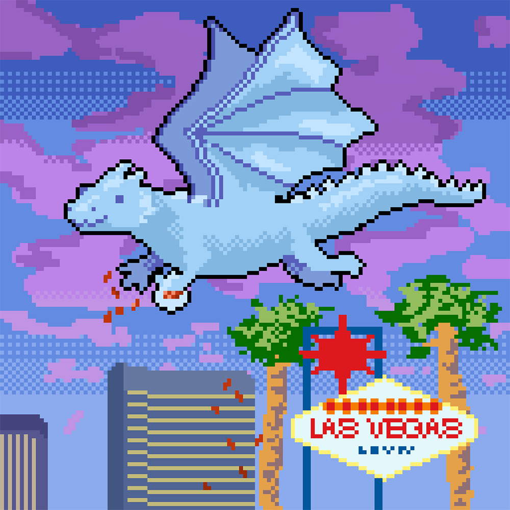 A pixel-art pale blue dragon flies above palm trees and a brightly colored city sign.